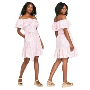 Lisa Marie Fernandez Pink Floral Off Shoulder Ruffle Dress 2X Cotton Spring